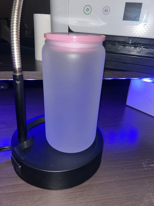 Frosted Glass w Pink Lid 16oz